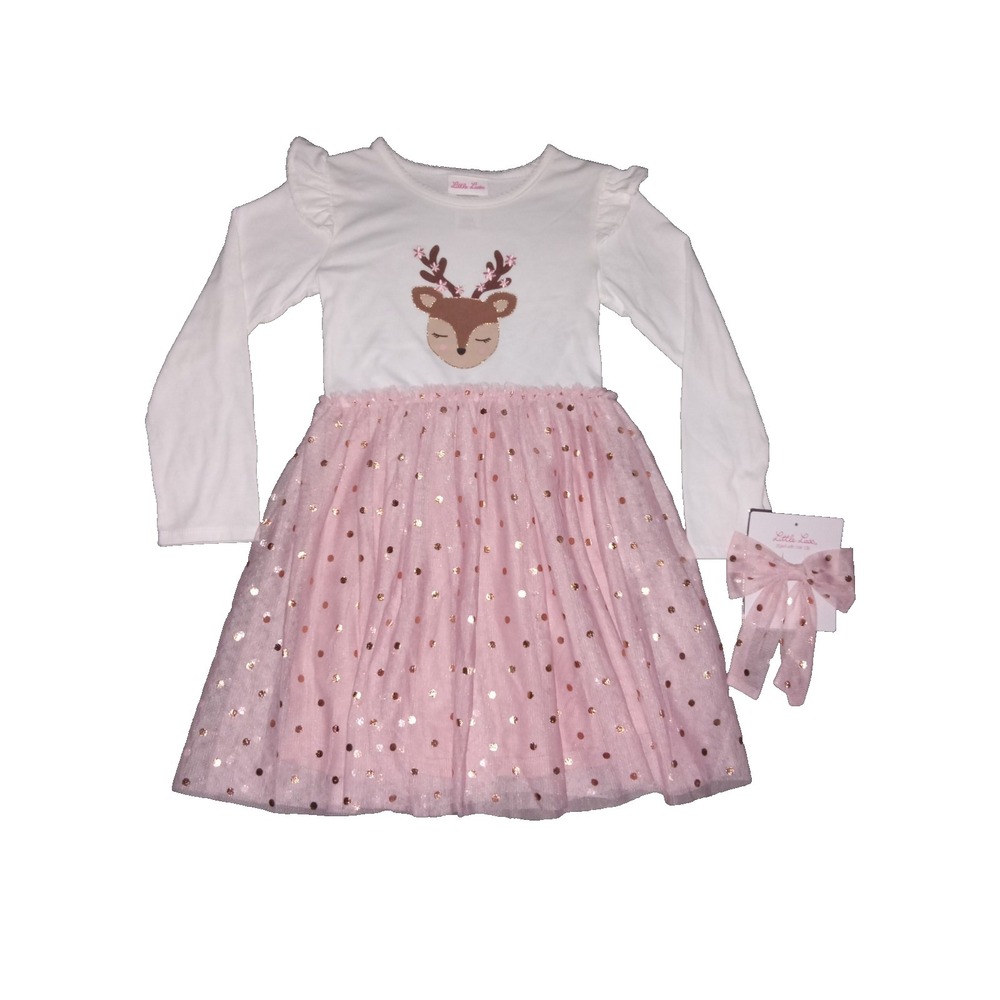 Little Lass Girls Pink Reindeer Christmas Dress Size 6 W/Bow Hair Clip NWT